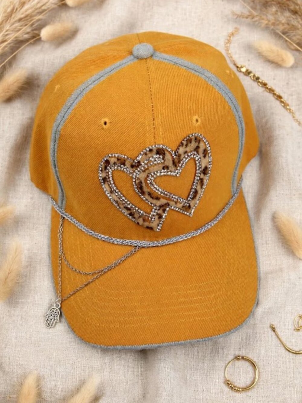 Mustard Yellow Leopard Double Heart Cap Rhinestone Boho Hat NWT